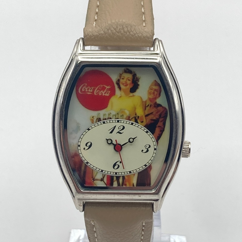 Coca Cola Womens Watch Silver Tone Blue Beige Band Vintage Ad New Battery 8.75"